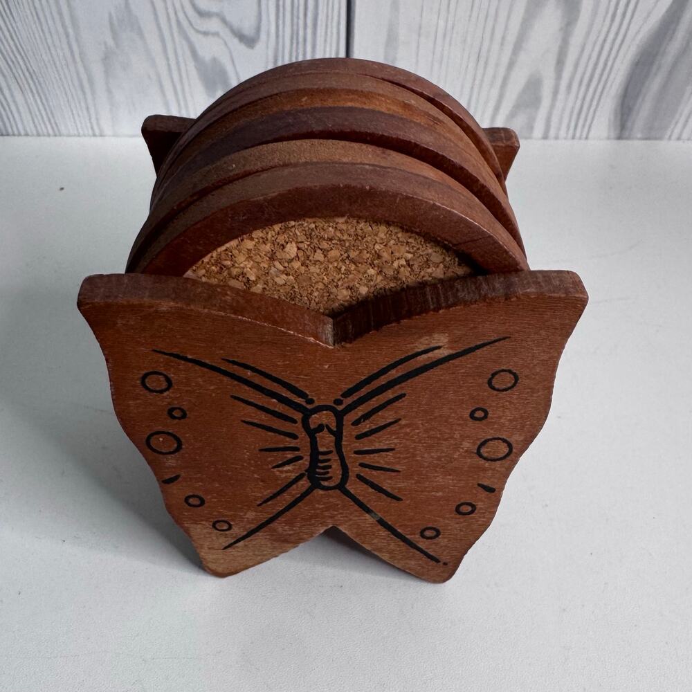 Vintage Boho Wood Butterfly Coaster Holder with Wood And Cork Inserts Set of 6